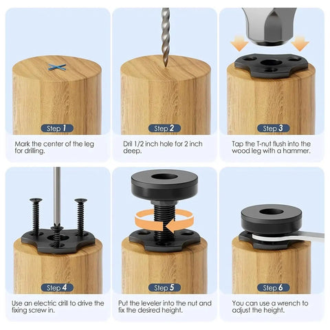 Installation steps for Eight Pack Adjustable Furniture Feet With Three Eighths Inch Sixteen Thread T Nut Kit Levelers.