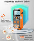 Guard-101 Four Gas Detector For H2S CO LEL And O2 With Vibration, Visual And Audible Alarms, bright orange design, sensors
