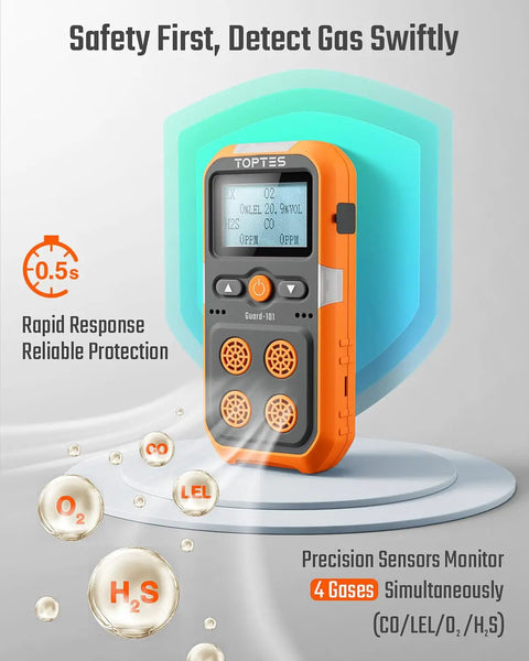 Guard-101 Four Gas Detector For H2S CO LEL And O2 With Vibration, Visual And Audible Alarms, bright orange design, sensors