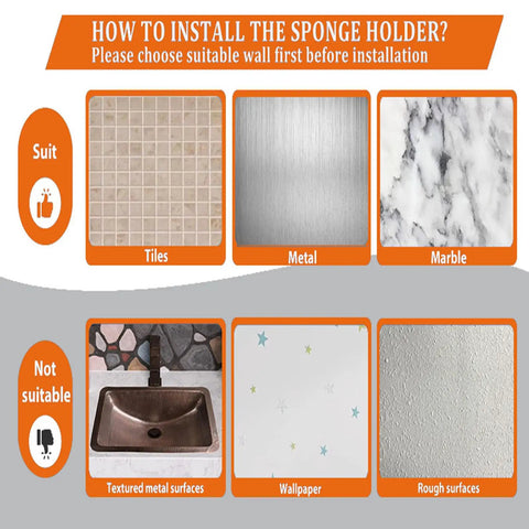 Installation guide for Smiley Face Sponge Holder With Two Suction Cups And One Adhesive Strip, showing suitable and unsuitable surfaces.