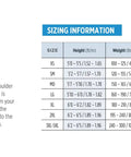 Sizing chart for Avid Jacket-Style BCD With Weight-Integrated System, Trim Pockets, 6 Stainless D-Rings, sizes XS to 3XL.