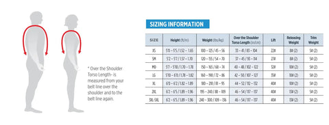 Sizing chart for Avid Jacket-Style BCD With Weight-Integrated System, Trim Pockets, 6 Stainless D-Rings, sizes XS to 3XL.