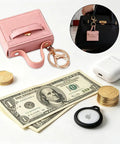 Pink PU leather mini backpack keychain with zipper pocket, money, coins, and AirPods, perfect for functional fashion vibes.