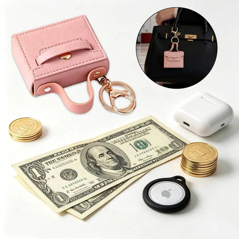 Pink PU leather mini backpack keychain with zipper pocket, money, coins, and AirPods, perfect for functional fashion vibes.