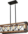 Rectangle Wood Chandelier For Farmhouse Dining Room And Kitchen, 5 Light Ceiling Pendant Lighting Fixture, Rustic Wood Canopy