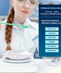 Disposable 330mL Weigh Boats Pack Of 125 Large Plastic Weighing Dishes For Lab Use Food Safe Antistatic Polystyrene Great For Measuring Powders Liquids Supplements And Food Samples With Easy Cleanup. Green spoon over white weigh boat in lab