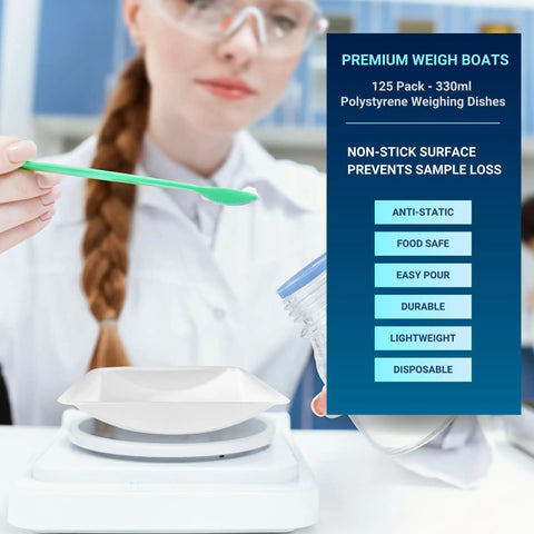 Disposable 330mL Weigh Boats Pack Of 125 Large Plastic Weighing Dishes For Lab Use Food Safe Antistatic Polystyrene Great For Measuring Powders Liquids Supplements And Food Samples With Easy Cleanup. Green spoon over white weigh boat in lab
