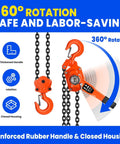 Manual lever chain hoist with orange housing and chain, 8-ton capacity, closed housing, thickened handle