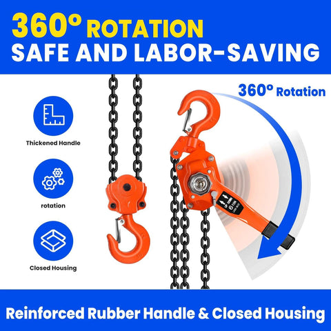 Manual lever chain hoist with orange housing and chain, 8-ton capacity, closed housing, thickened handle