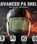 Workhorse Smart Auto Darkening Welding Helmet with large view screen, advanced PA shell, resistant to fall, impact, corrosion, flame.
