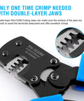 Knoweasy micro Molex crimping tool with blue handles; front view with double-layer jaws.