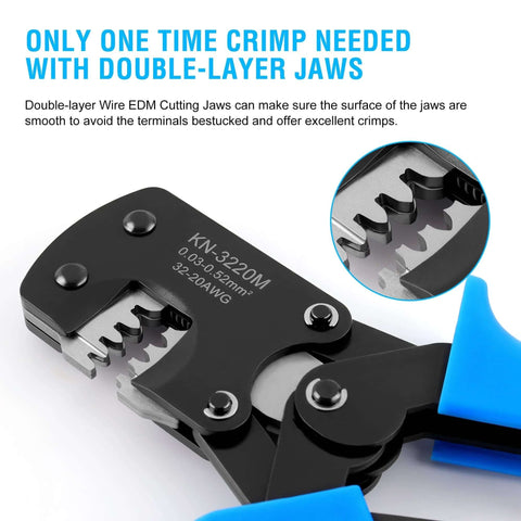 Knoweasy micro Molex crimping tool with blue handles; front view with double-layer jaws.
