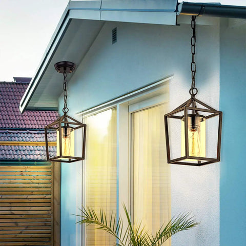 Outdoor Porch Pendant Light With Glass Shade, Vintage Metal Cage Lantern by house exterior at dusk