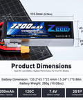 Beefy 2S 7200mAh 7.4V 120C LiPo Battery Pack Soft Pack With XT60 Connector dimensions and specifications on a grid.