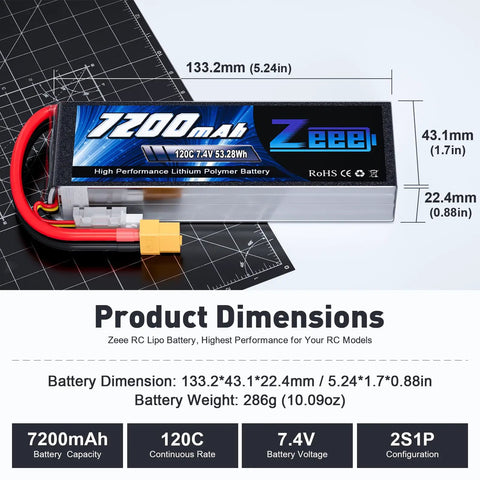 Beefy 2S 7200mAh 7.4V 120C LiPo Battery Pack Soft Pack With XT60 Connector dimensions and specifications on a grid.