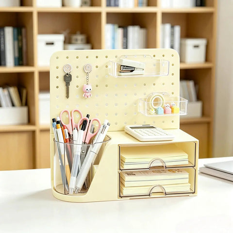 Desk Organizer With 360 Degree Rotating Pen Holder Five Slots Two Drawers Open Top Tray And Pegboard For Office School And Art Supplies Cream Finish Durable Space Saving Caddy To Reach Pens Pencils Markers And Accessories Quickly showing stationery, keys, and calculator.