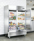 54 Inch Wide Two Door Commercial Stainless Steel Freezer 42.2 Cu Ft displaying various foods in a professional kitchen setting.