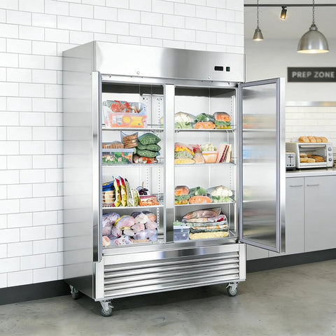 54 Inch Upright Commercial Freezer Heavy Duty Workhorse Design With Two Solid Doors 42.2 Cubic Foot Capacity in stainless steel, filled with food.