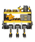 Wall Mounted Power Tool Organizer For Home Garage Storage Space Saving Metal Tool Rack With Cordless Drill Holder Heavy Duty Steel Shelf Black And Yellow Modern Design Keeps Your Gear On Deck And Your Garage Neat, front view, showing tools on rack.
