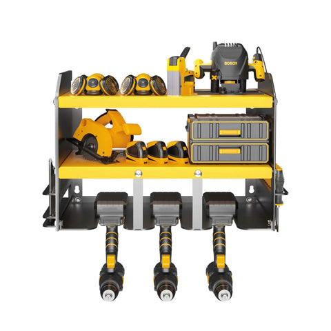 Wall Mounted Power Tool Organizer For Home Garage Storage Space Saving Metal Tool Rack With Cordless Drill Holder Heavy Duty Steel Shelf Black And Yellow Modern Design Keeps Your Gear On Deck And Your Garage Neat, front view, showing tools on rack.