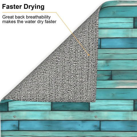 Cyan Wood Grain Dish Drying Mat For Kitchen Counter With Ultra Absorbent Microfiber Surface Dries Fast And Wipes Up Easily Machine Washable 16x18 Inches Ideal Rack Mat For Countertop showing underside and wood pattern top
