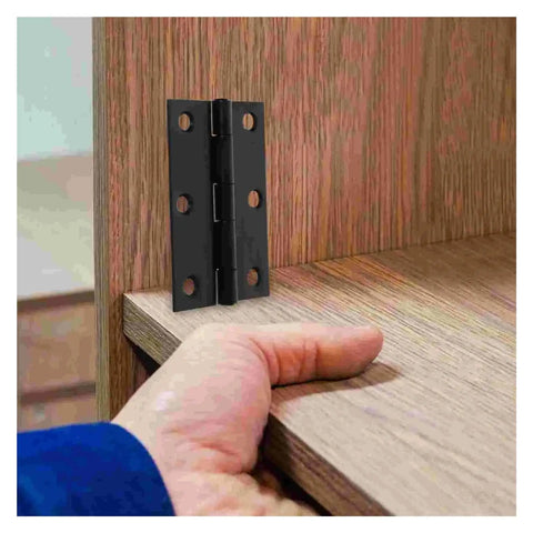 Rotating Concealed Hinges For Doors And Cabinets, Black Interior Small Shutter Hinge Set on wooden cabinet corner.