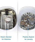 Top Rated Ultrasonic Cleaner Bath With Digital Timer For Sparkling Jewelry Glasses Watches Manicure Tools Dental Brushes showing watch stander and plastic basket.