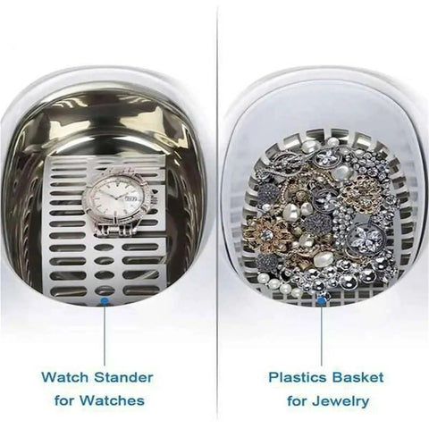 Top Rated Ultrasonic Cleaner Bath With Digital Timer For Sparkling Jewelry Glasses Watches Manicure Tools Dental Brushes showing watch stander and plastic basket.