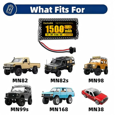 7.4V 1500mAh Li Ion Rechargeable Battery With SM3P Plug Two Pack For Huina 1575 RC Construction Truck shown with compatible models