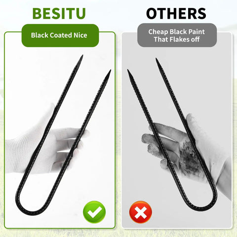 Comparison of 12 Inches Trampoline Wind Stakes Heavy Duty U Stakes for Ground, highlighting durability of black coated anchors vs others.