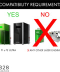 Compatibility chart showing Pro Grade Laser Engraver Fence Kit For F1 And F2 Ultra compatibility with F1 & F2 Ultra, not others