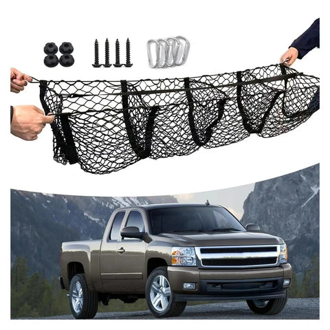 Heavy Duty 110 By 30 Cm Elastic Woven Trunk Cargo Net Secures Your Tesla Cybertruck 2024 with hooks and tools for securing items.