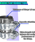 2.5 Inch Stainless Steel Exhaust Clamp For Automotive Systems, highlighting 1.5mm strap thickness and high-strength bolts