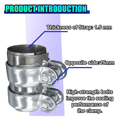2.5 Inch Stainless Steel Exhaust Clamp For Automotive Systems, highlighting 1.5mm strap thickness and high-strength bolts