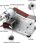 3-In-1 Mini Belt Sander And 7-Speed Knife Sharpener With Bench Grinder Attachment For Metalworking And DIY Projects Featuring Adjustable Speed Control and details of copper core motor and abrasive belt.