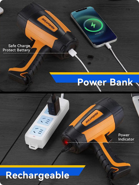 Rechargeable Spotlight With Beast Mode Bright LED Beam, IPX2 Waterproof charging a phone and plugged into power strip.