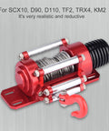 Rock Hard Red 1:10 Rc Crawler Winch Metal Cable Puller With Heavy Duty CNC Precision Design Fits Scx10 D90 D110 Tf2 Km2 Trucks And Off Road Jeeps For Serious Trail Crawling Adventures, detailed view showing cable and hook.