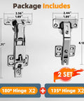 Corner Cabinet Hinges Set With 135 And 180 Degree Soft Close For Half Overlay Doors, dimensions labeled, set of 4 hinges displayed