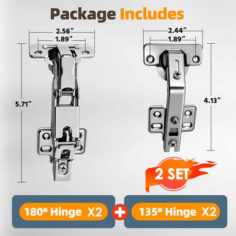 Corner Cabinet Hinges Set With 135 And 180 Degree Soft Close For Half Overlay Doors, dimensions labeled, set of 4 hinges displayed