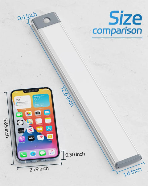 Size comparison of the Rechargeable Motion Sensor LED Cabinet Light Two Pack With 2500mAh Battery and a smartphone.