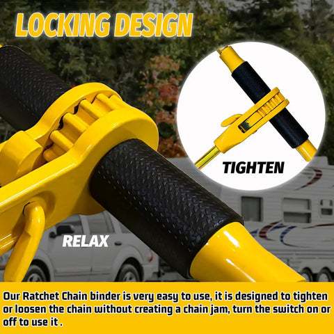 Close-up of Heavy Duty 2 Pack Ratchet Chain Binders 5/16 To 3/8 Inch with locking design, showing hand grip and tighten function.