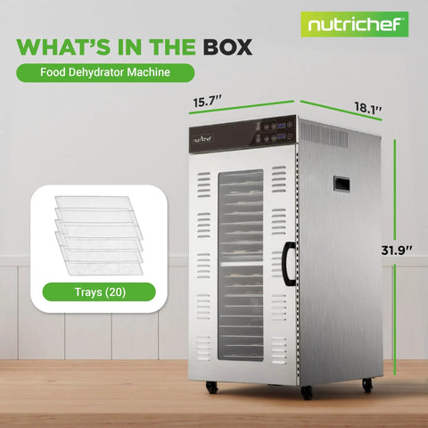 Heavy Hitter 2000 Watt Commercial Electric Food Dehydrator With 20 Stackable Stainless Steel Trays dimensions 15.7" x 18.1" x 31.9".