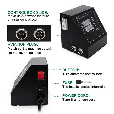 1400W Heat Press Powerhouse With K Type Temperature Controller And LED Time Display shown with control box details