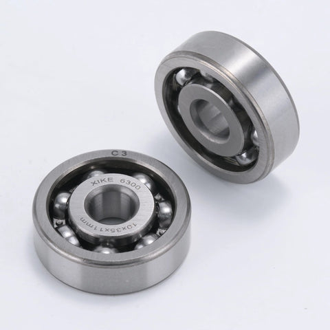 Two XiKe 6300-C3 deep groove ball bearings, 10x35x11 mm, open type, metal, front and side views