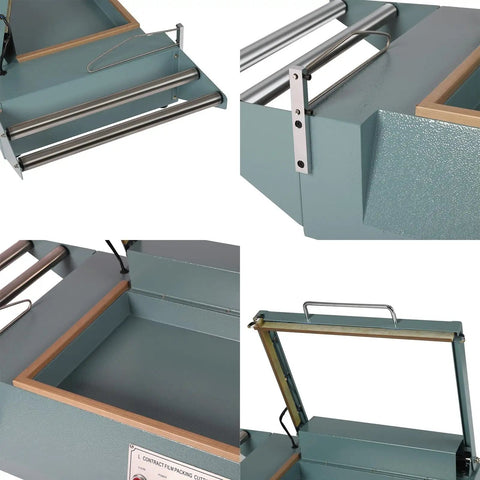 Close-up view of the GFJYKDL Heavy Duty L Bar Impulse Heat Sealer Wrapping Machine's film rack and compact design.