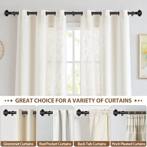 Heavy Duty Curtain Rod Set For Windows 72 To 144 Inches 7/8 Inch Adjustable Drapery Rods With Modern Finials, shown with curtains
