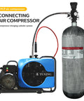 9 Liter Carbon Fiber Scuba Tank With Regulator And Carrier Bag Ready For Deep Dives And Snorkeling, 4500 Psi High Pressure 300 Bar PCP Air Tank connected with blue air compressor