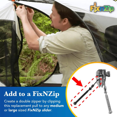 Person using Ultra Easy No Sweat Clip-On Zipper Pull Replacements 4 Pack Black Universal Tabs for Zipper Repair on a tent