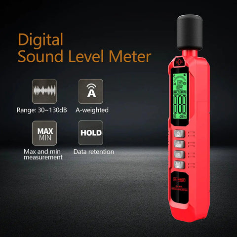 Real Talk Noise Meter For Home, Workshop And Studio Use With 30 To 130 dB Range, A Weighted Sound Profile, Clear LCD Backlit Display, Max Min Data Retention, Auto Power Off, 1.5 dB Accuracy, Super Easy Read, And User Friendly. Red digital sound level meter with LCD display