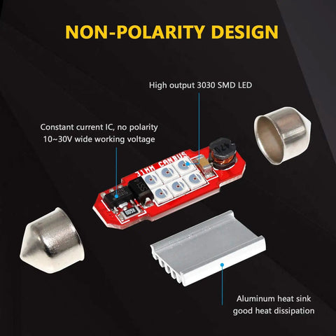 Super Bright Red DE3021 31mm Festoon LED Bulbs 6 SMD 3030 components, non-polarity design, aluminum heat sink, high output, 10-30V
